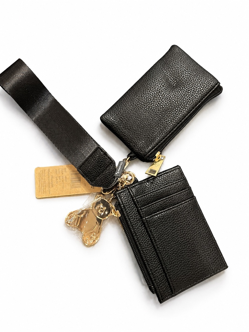 BearPaw Black Leather Card Holder and Zip Pouch Keychain Strap with Gold Accents